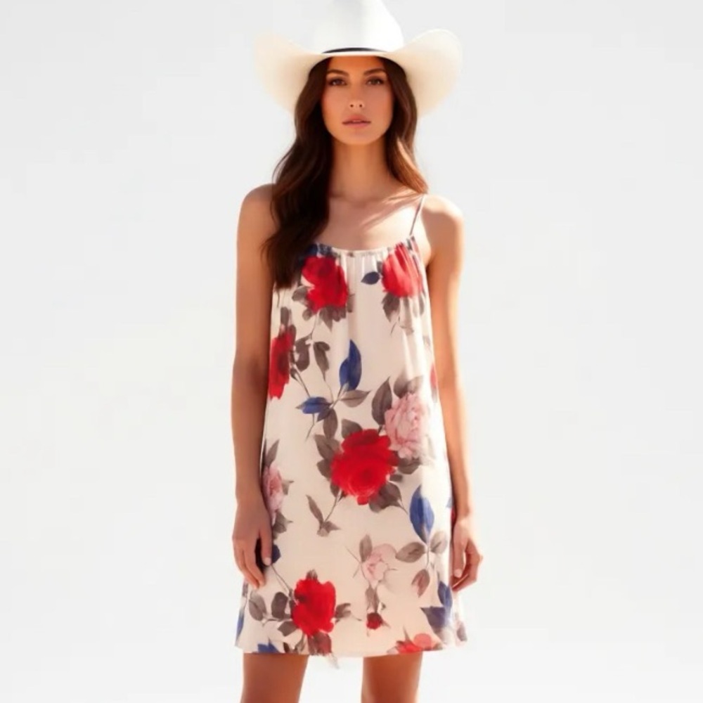 Tobi Floral Mini Dress Sleeveless - Red Flowers and Beige Off White Cream Small